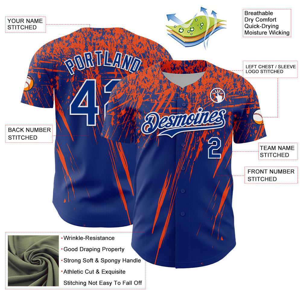 Custom Royal Orange-White Distressed Scratch Brush Stroke Authentic Baseball Jersey view 3