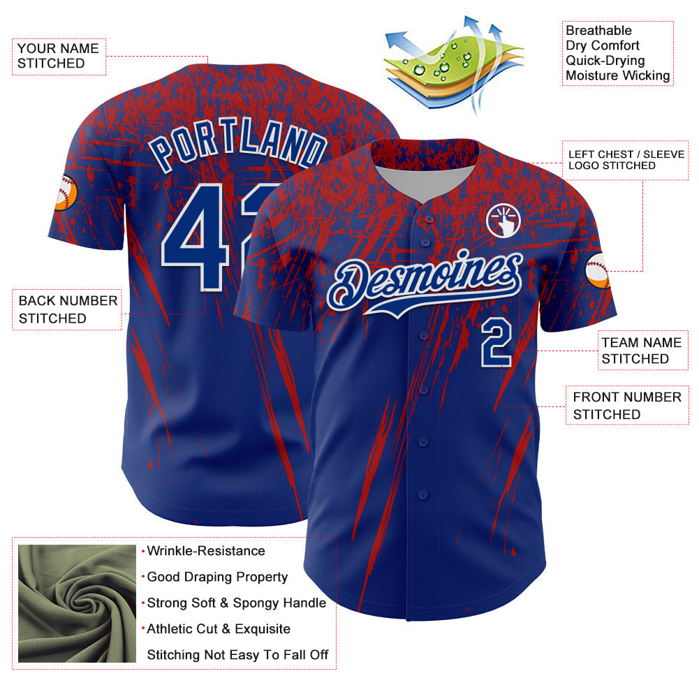 Custom Royal Red-White Distressed Scratch Brush Stroke Authentic Baseball Jersey view 3