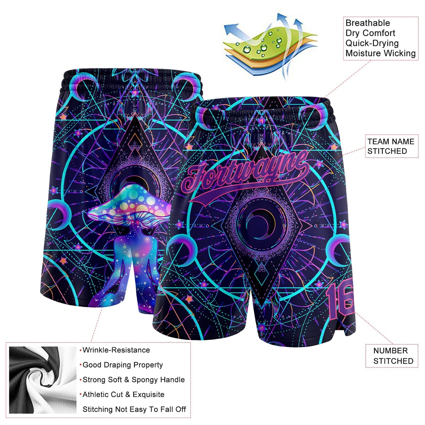Custom Black Purple-Pink 3D Pattern Magic Mushrooms Over Sacred Geometry Psychedelic Hallucination Authentic Basketball Shorts view 2