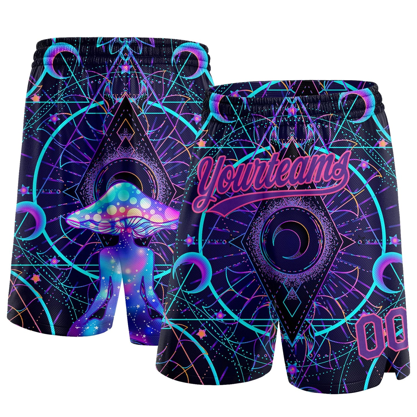 Custom Black Purple-Pink 3D Pattern Magic Mushrooms Over Sacred Geometry Psychedelic Hallucination Authentic Basketball Shorts - Main View