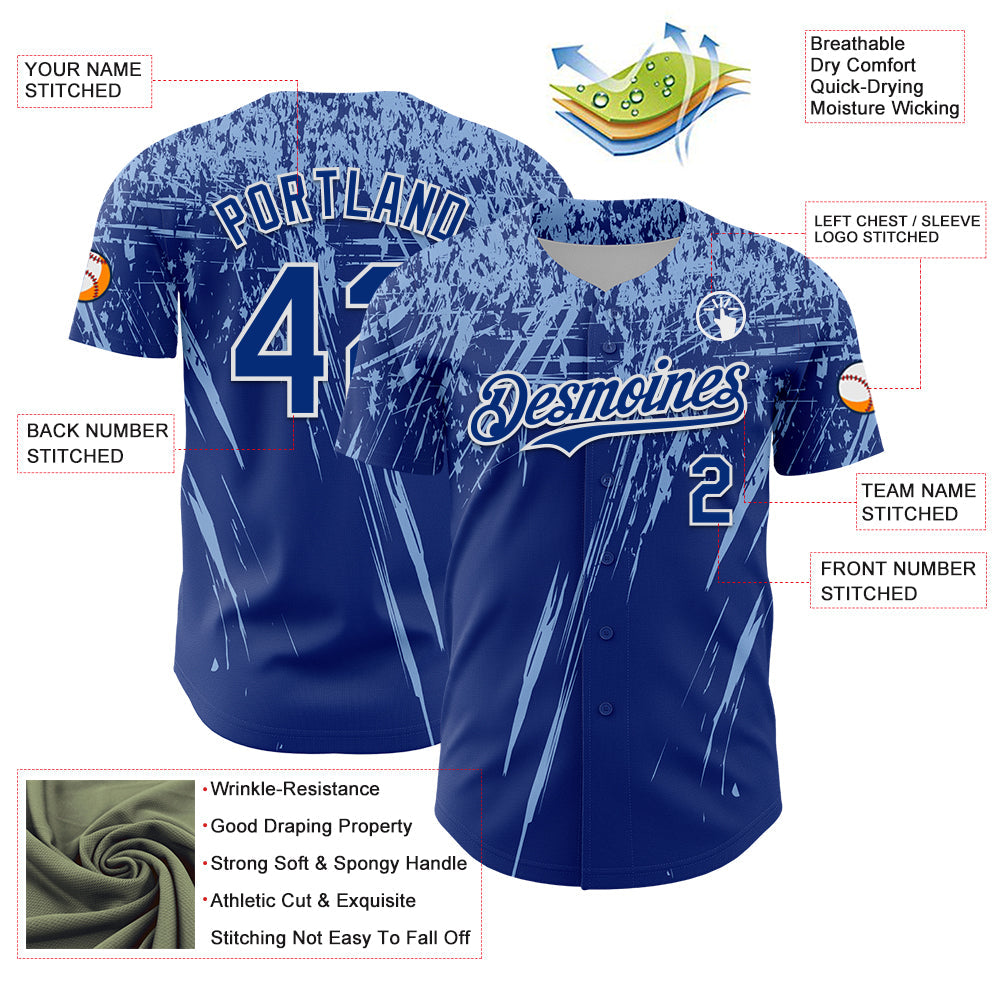 Custom Royal Light Blue-White Distressed Scratch Brush Stroke Authentic Baseball Jersey view 3