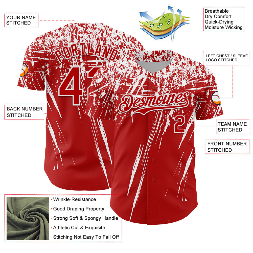Custom Red White Distressed Scratch Brush Stroke Authentic Baseball Jersey view 3