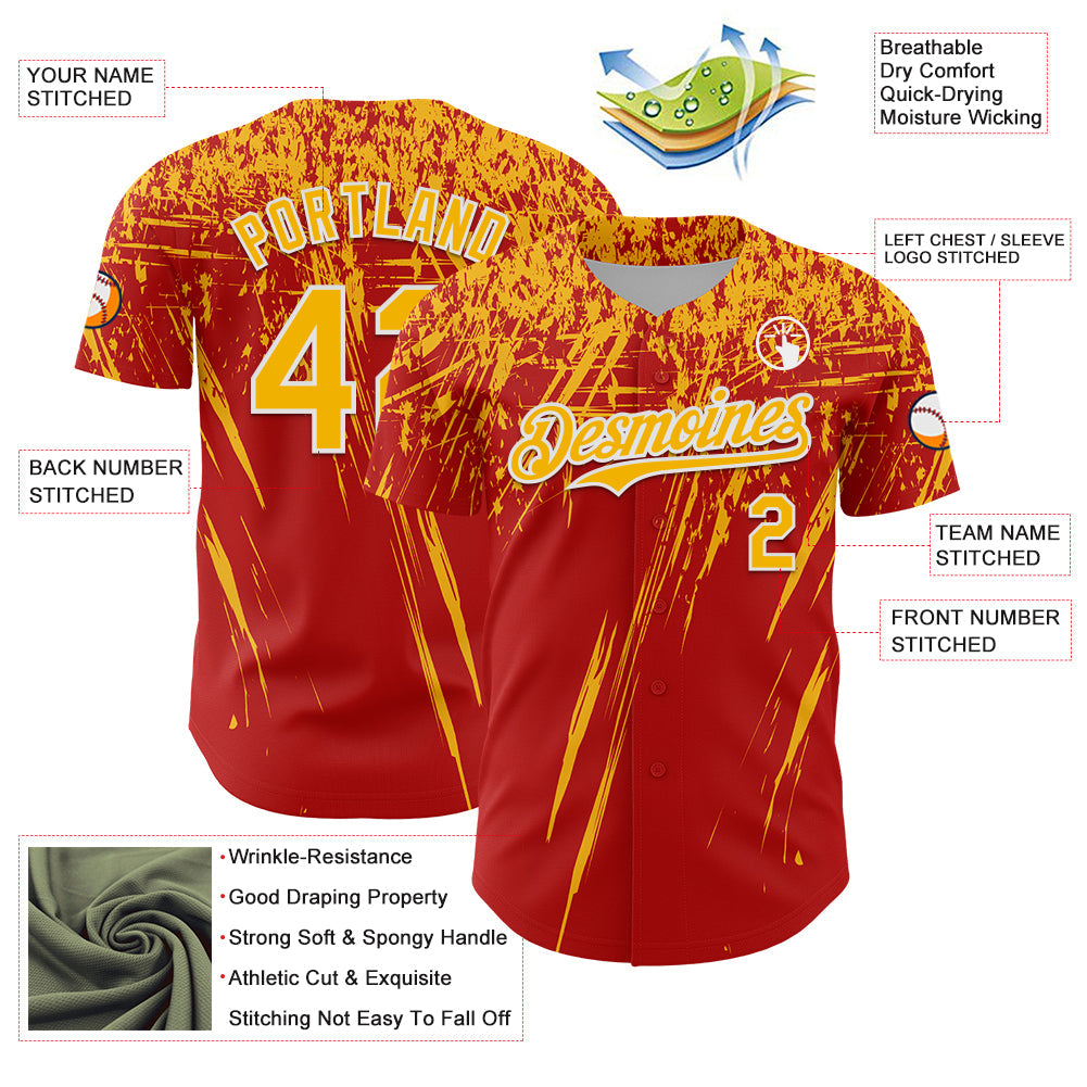 Custom Red Gold-White Distressed Scratch Brush Stroke Authentic Baseball Jersey view 3
