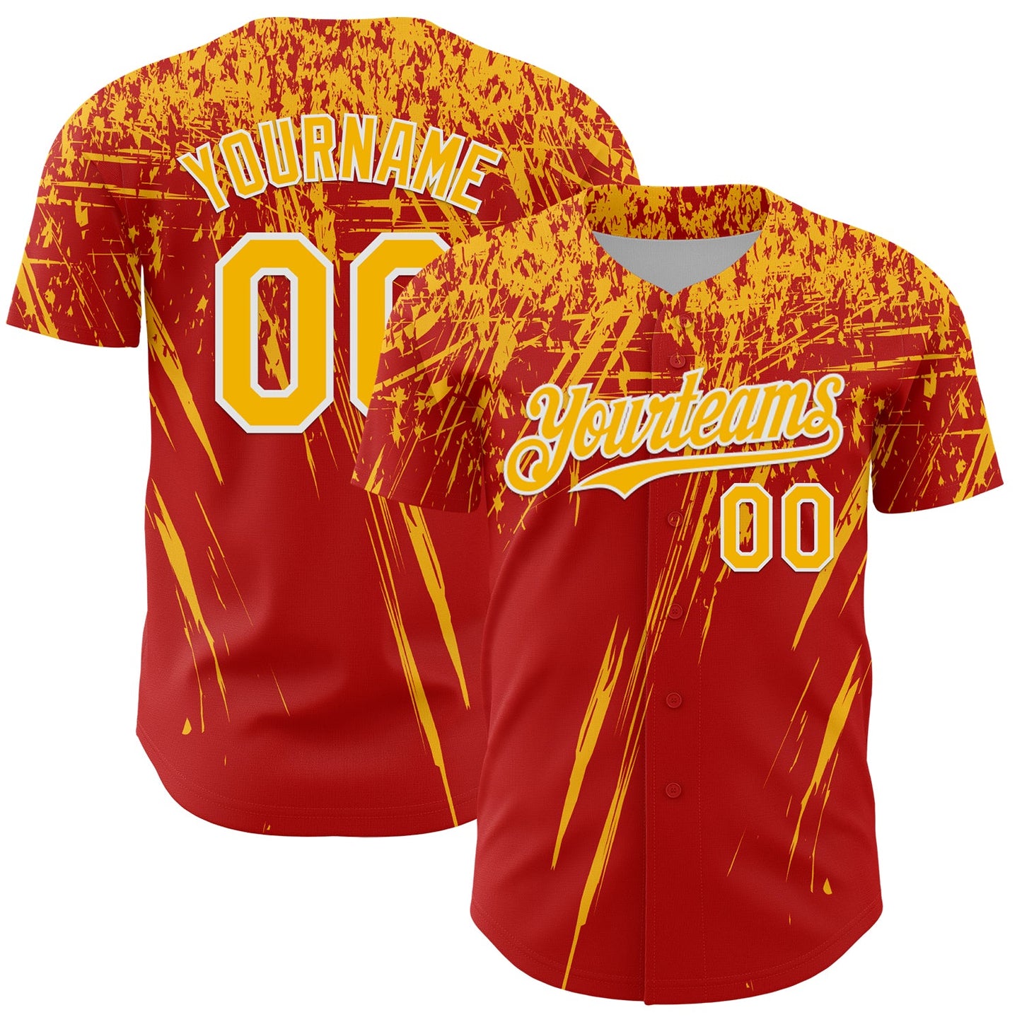 Custom Red Gold-White Distressed Scratch Brush Stroke Authentic Baseball Jersey - Main View