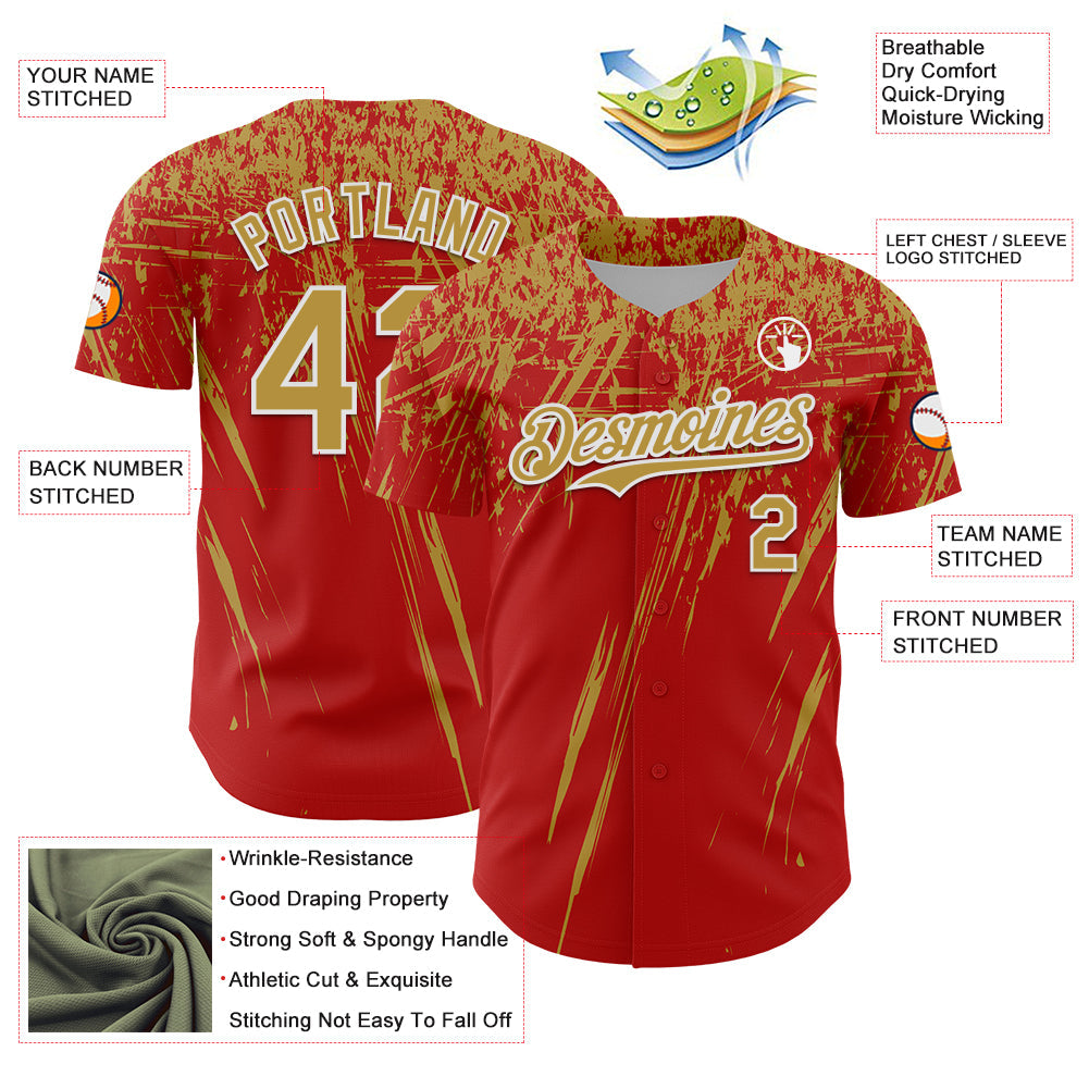 Custom Red Old Gold-White Distressed Scratch Brush Stroke Authentic Baseball Jersey view 3