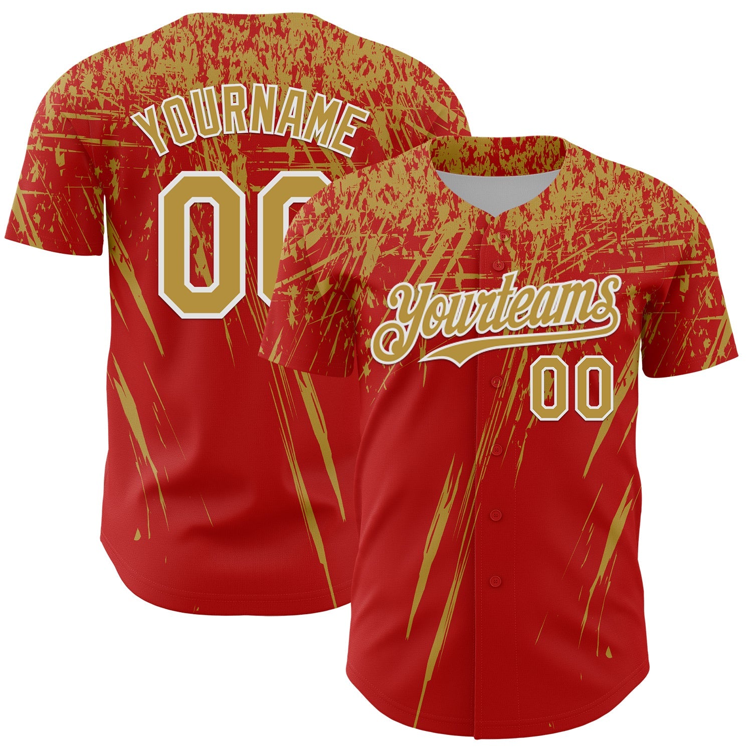 Custom Red Old Gold-White Distressed Scratch Brush Stroke Authentic Baseball Jersey - Main View