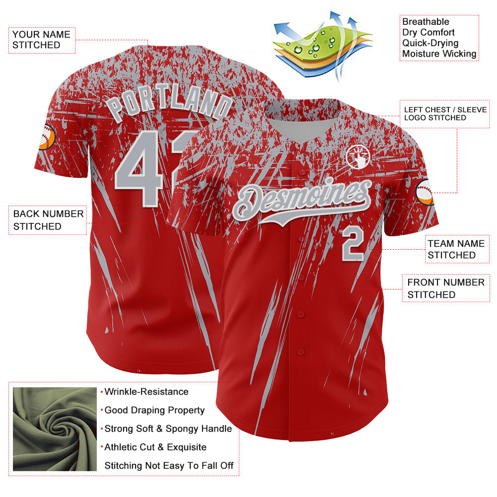 Custom Red Gray-White Distressed Scratch Brush Stroke Authentic Baseball Jersey view 3