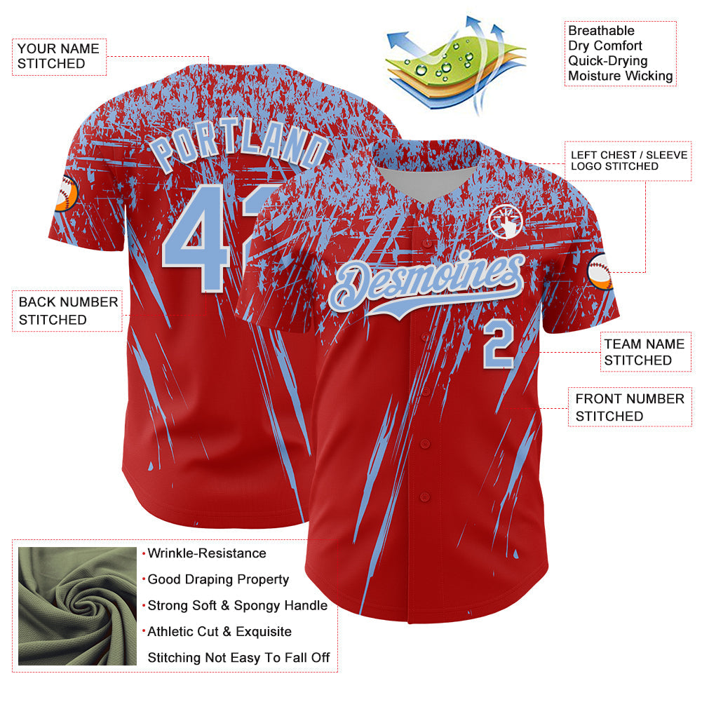 Custom Red Light Blue-White Distressed Scratch Brush Stroke Authentic Baseball Jersey view 3