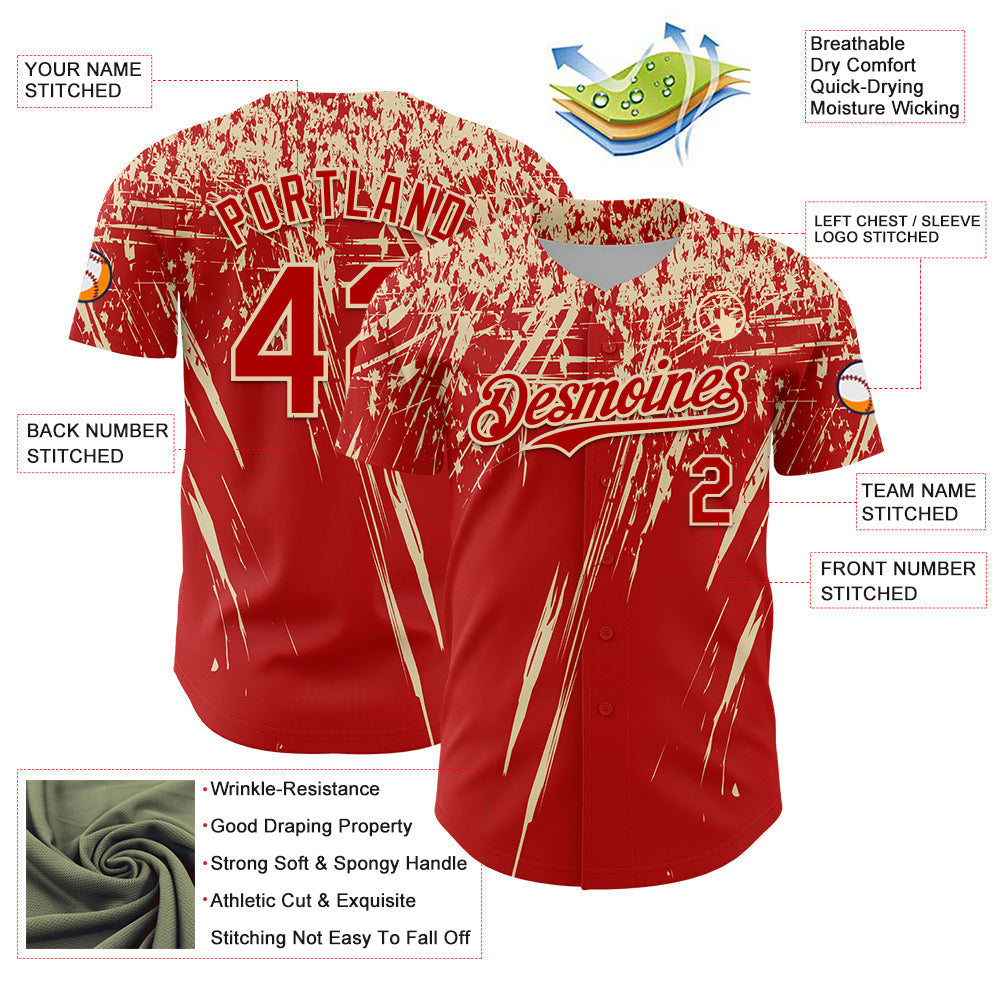 Custom Red Cream Distressed Scratch Brush Stroke Authentic Baseball Jersey view 3