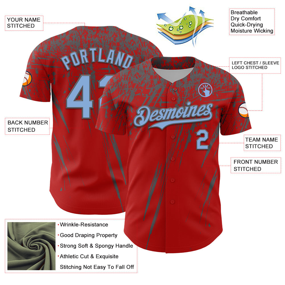 Custom Red Light Blue-Steel Gray Distressed Scratch Brush Stroke Authentic Baseball Jersey view 3