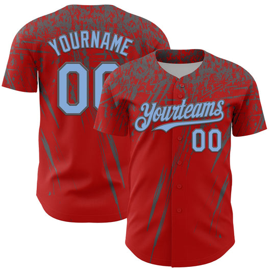 Custom Red Light Blue-Steel Gray Distressed Scratch Brush Stroke Authentic Baseball Jersey - Main View