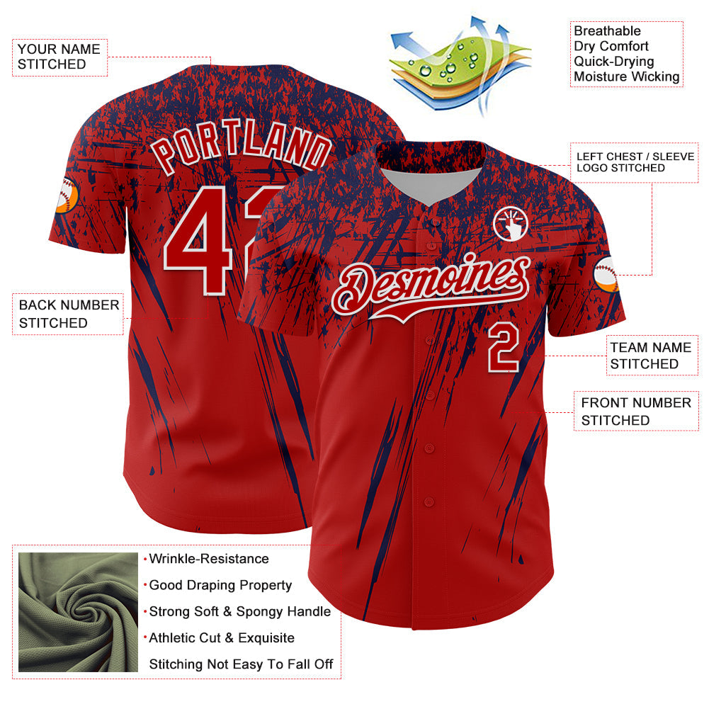 Custom Red Navy-White Distressed Scratch Brush Stroke Authentic Baseball Jersey view 3