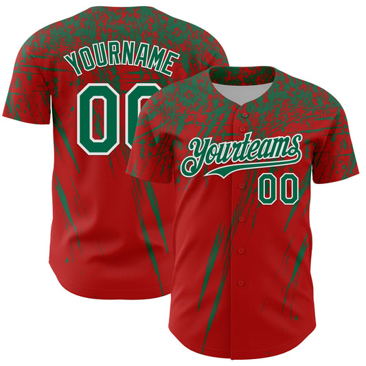 Custom Red Kelly Green-White Distressed Scratch Brush Stroke Authentic Baseball Jersey - Main View