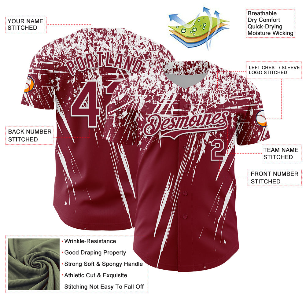Custom Crimson White Distressed Scratch Brush Stroke Authentic Baseball Jersey view 3