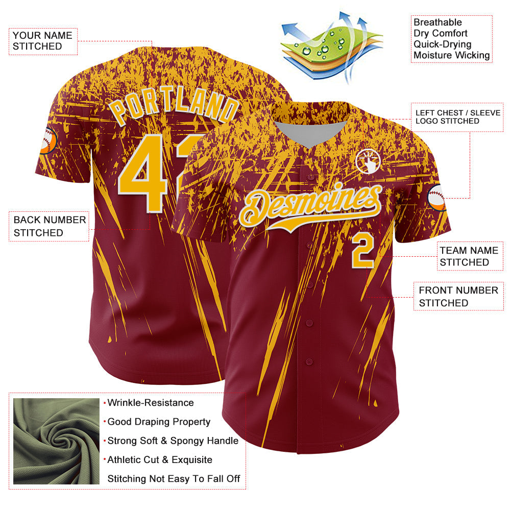 Custom Crimson Gold-White Distressed Scratch Brush Stroke Authentic Baseball Jersey view 3
