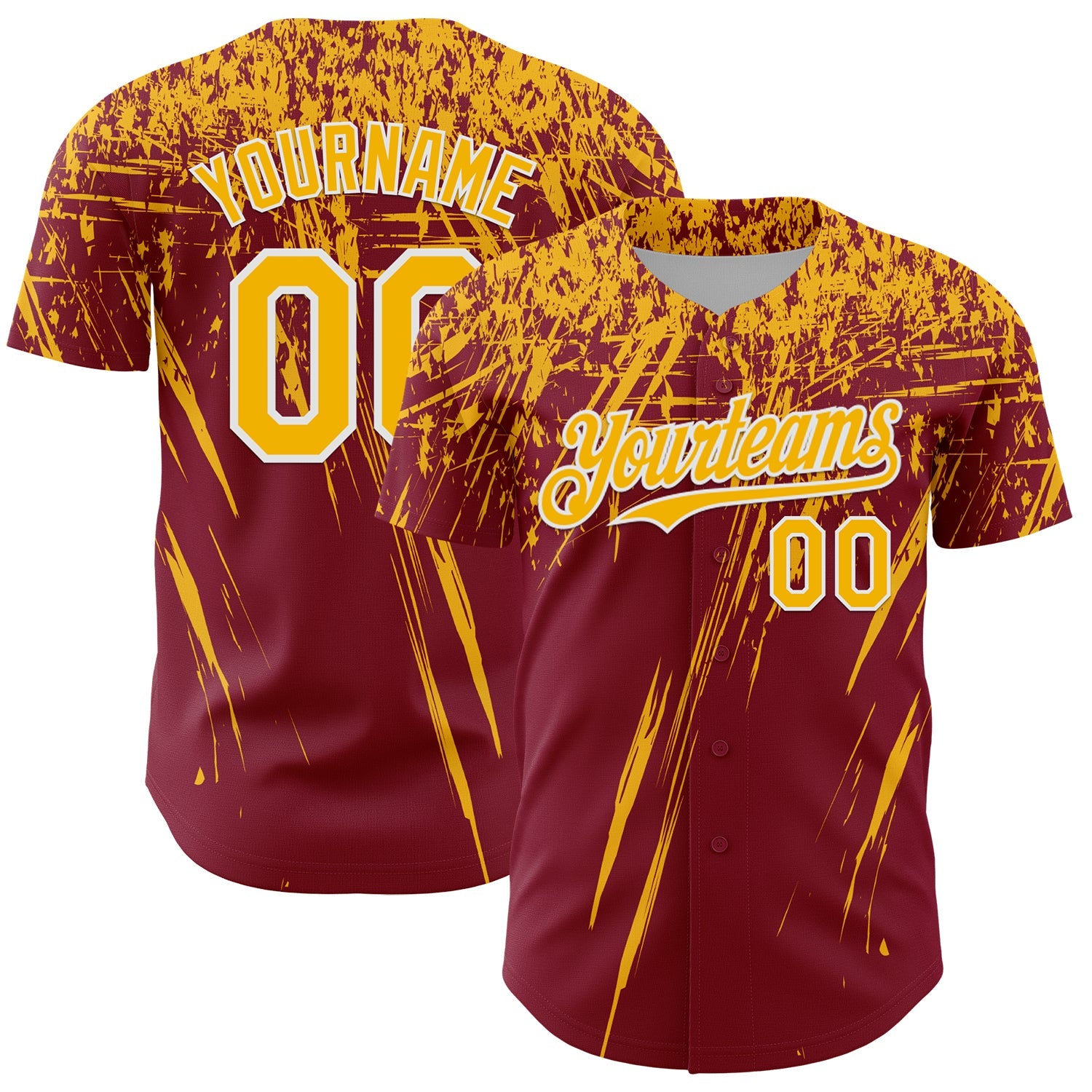 Custom Crimson Gold-White Distressed Scratch Brush Stroke Authentic Baseball Jersey - Main View