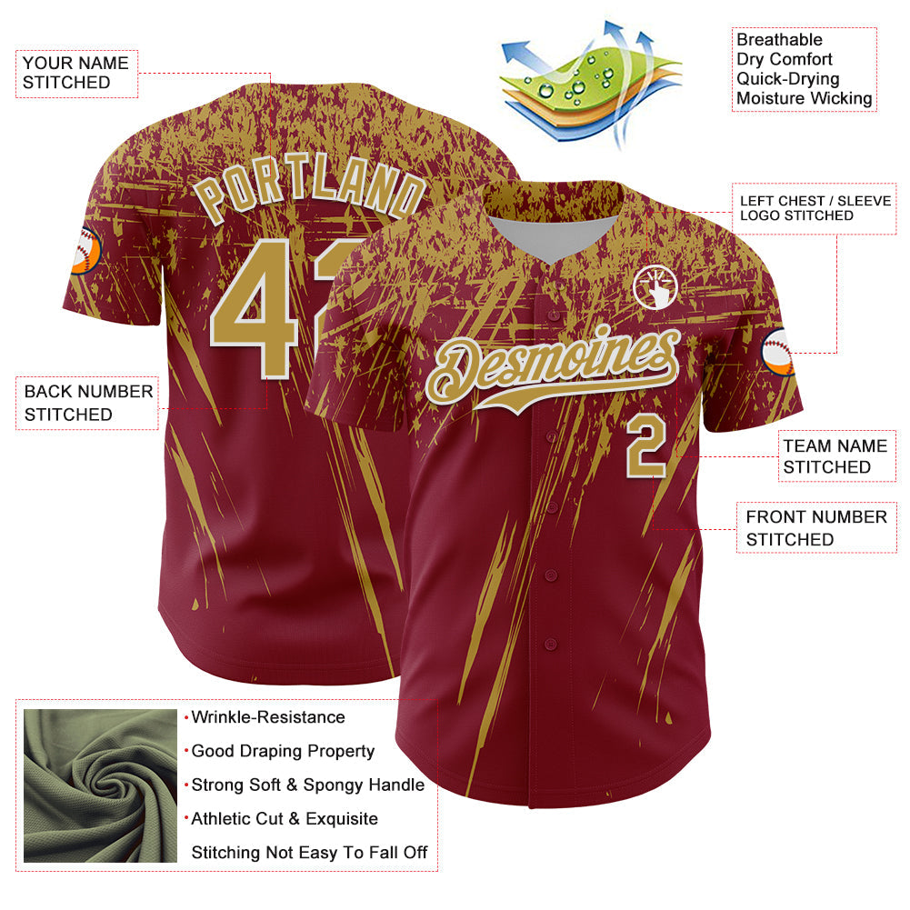 Custom Crimson Old Gold-White Distressed Scratch Brush Stroke Authentic Baseball Jersey view 3