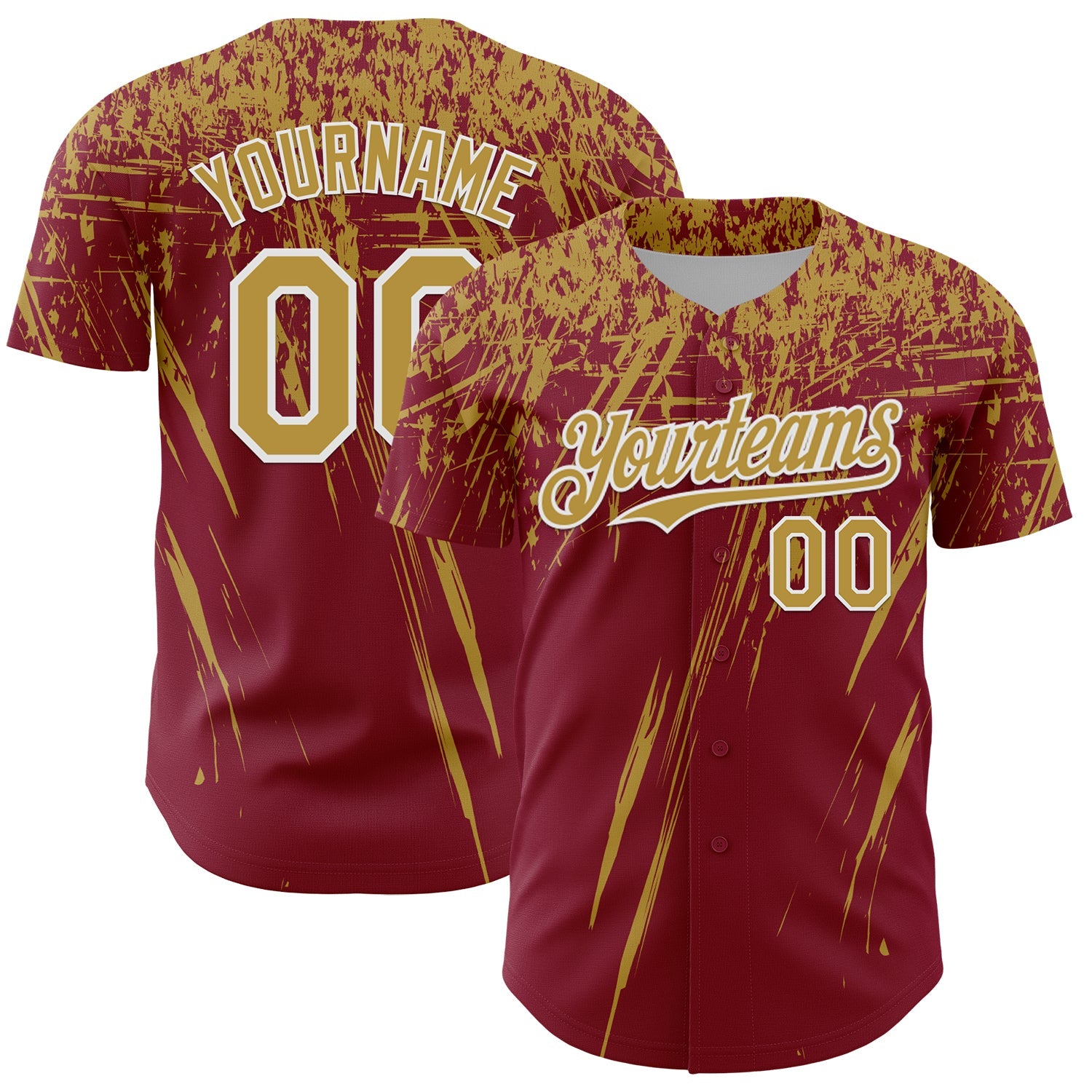 Custom Crimson Old Gold-White Distressed Scratch Brush Stroke Authentic Baseball Jersey - Main View