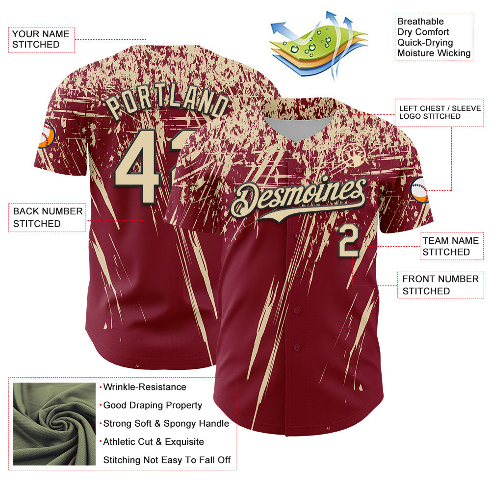 Custom Crimson Cream-Black Distressed Scratch Brush Stroke Authentic Baseball Jersey view 3