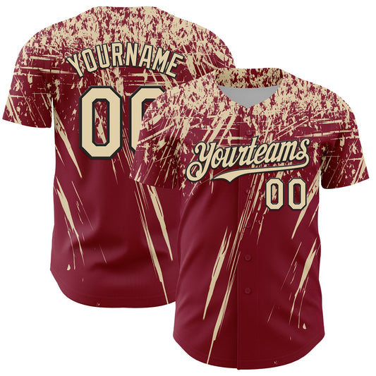 Custom Crimson Cream-Black Distressed Scratch Brush Stroke Authentic Baseball Jersey - Main View