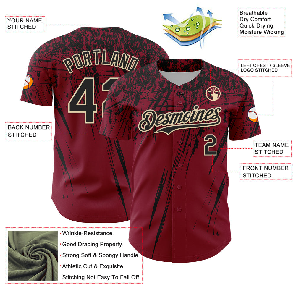 Custom Crimson Black-Cream Distressed Scratch Brush Stroke Authentic Baseball Jersey view 3