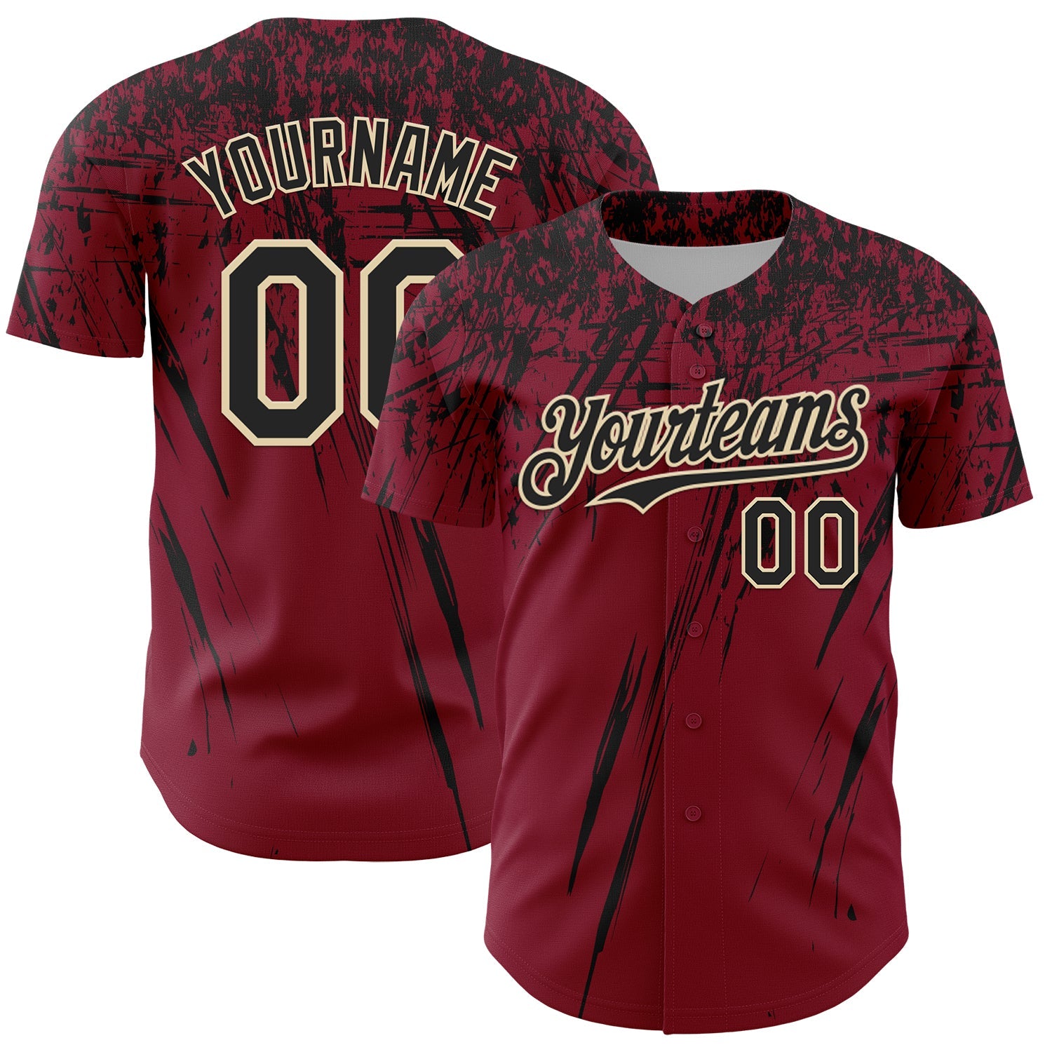 Custom Crimson Black-Cream Distressed Scratch Brush Stroke Authentic Baseball Jersey - Main View