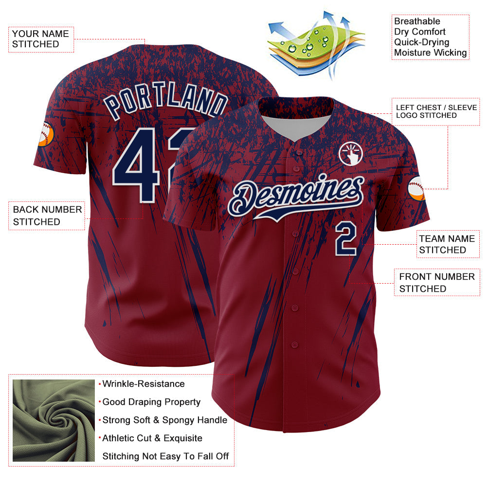 Custom Crimson Navy-White Distressed Scratch Brush Stroke Authentic Baseball Jersey view 3