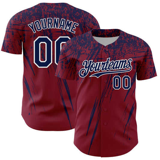 Custom Crimson Navy-White Distressed Scratch Brush Stroke Authentic Baseball Jersey - Main View