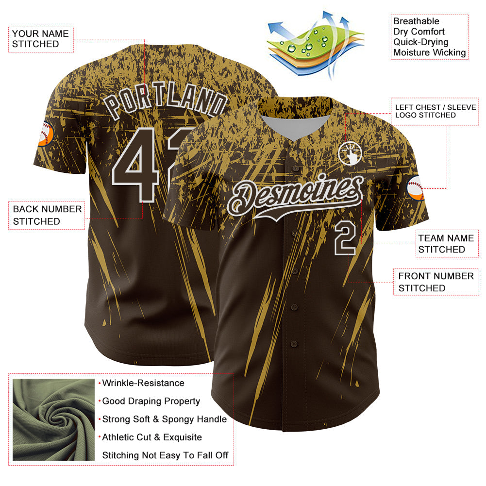 Custom Brown Old Gold-White Distressed Scratch Brush Stroke Authentic Baseball Jersey view 3