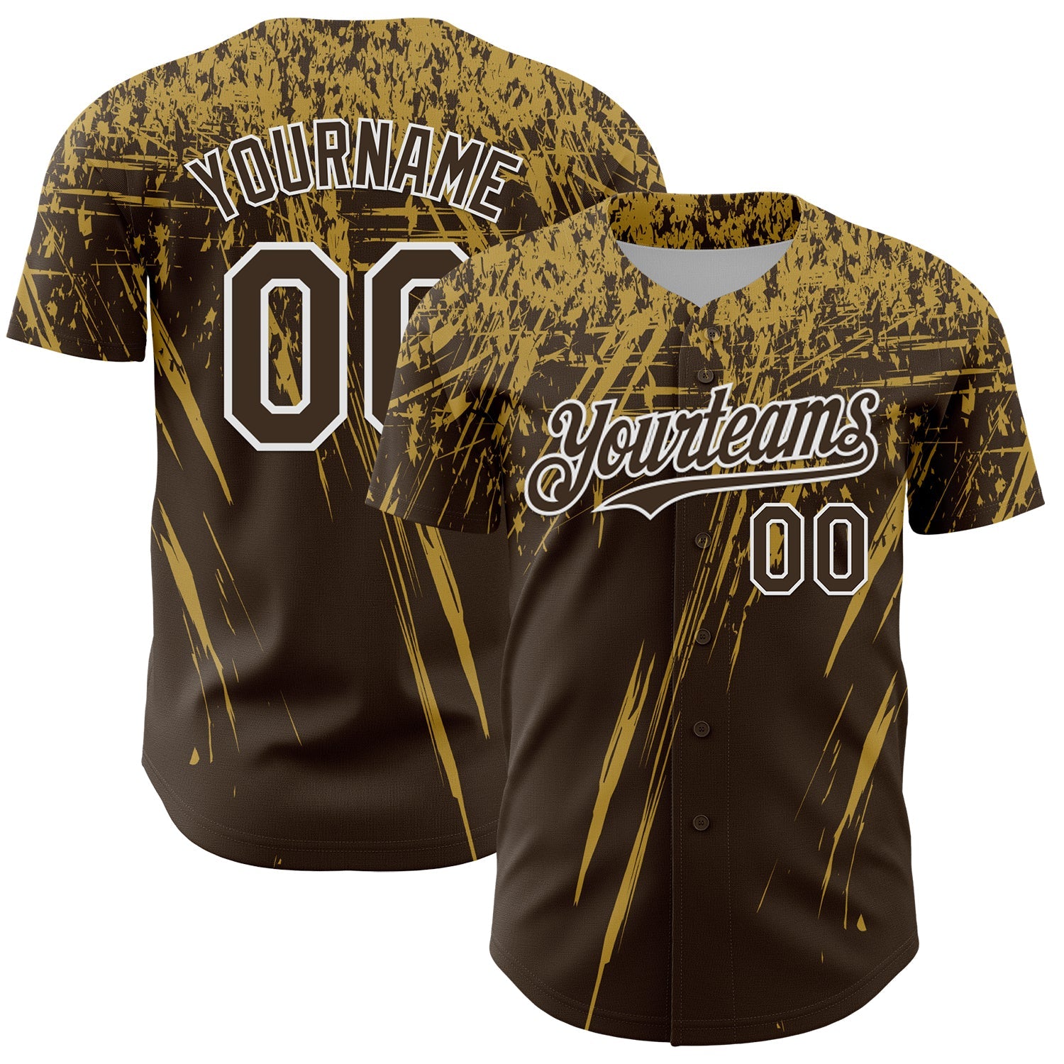 Custom Brown Old Gold-White Distressed Scratch Brush Stroke Authentic Baseball Jersey - Main View