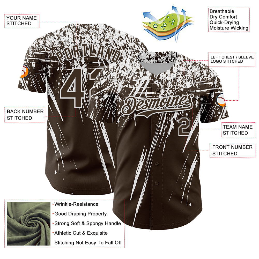 Custom Brown White Distressed Scratch Brush Stroke Authentic Baseball Jersey view 3