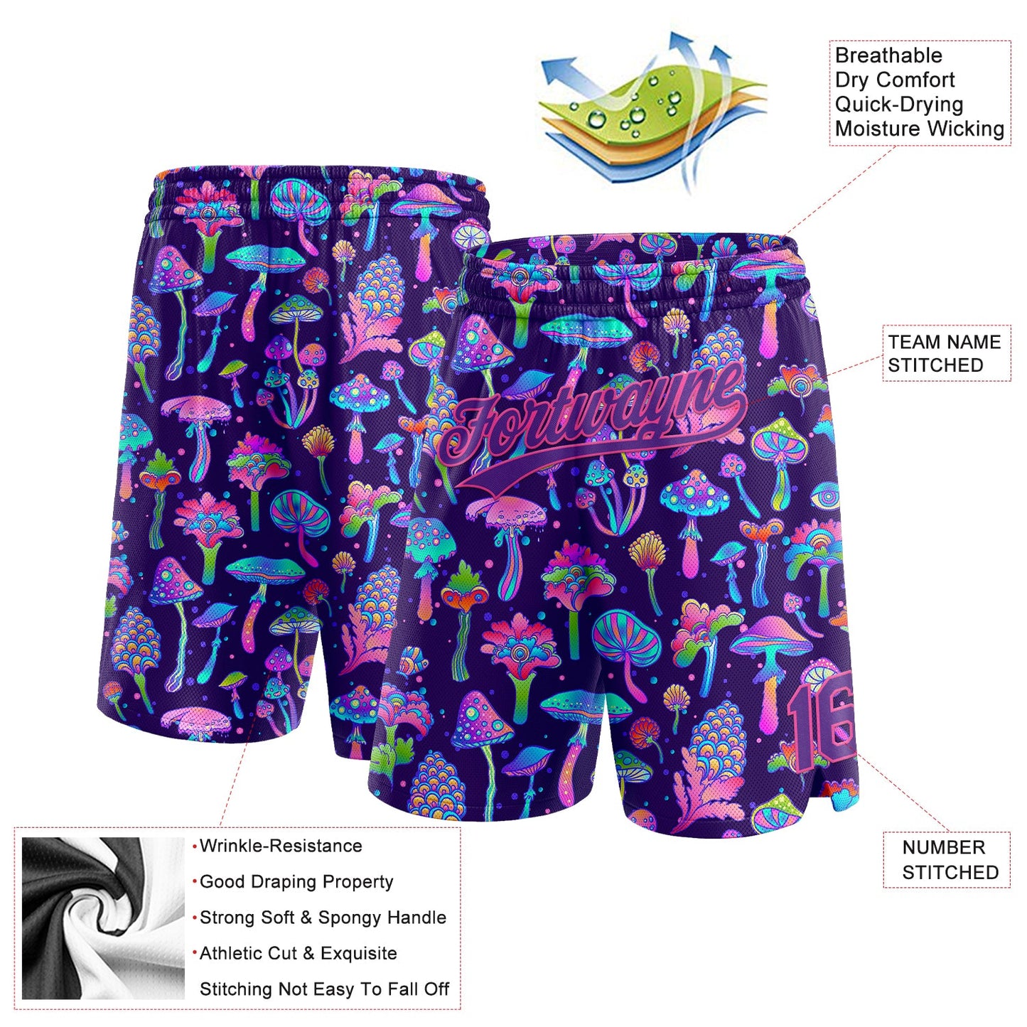 Custom Black Purple-Pink 3D Pattern Colorful Flowers And Mushrooms Psychedelic Hallucination Authentic Basketball Shorts view 2
