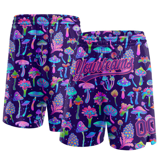 Custom Black Purple-Pink 3D Pattern Colorful Flowers And Mushrooms Psychedelic Hallucination Authentic Basketball Shorts - Main View
