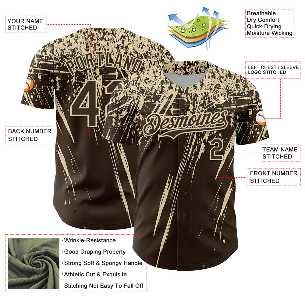 Custom Brown Cream Distressed Scratch Brush Stroke Authentic Baseball Jersey view 3