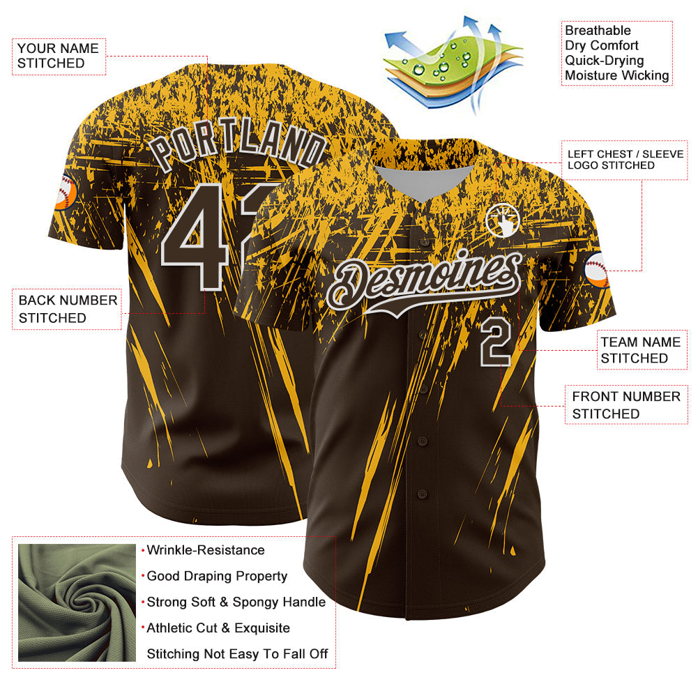 Custom Brown Gold-White Distressed Scratch Brush Stroke Authentic Baseball Jersey view 3
