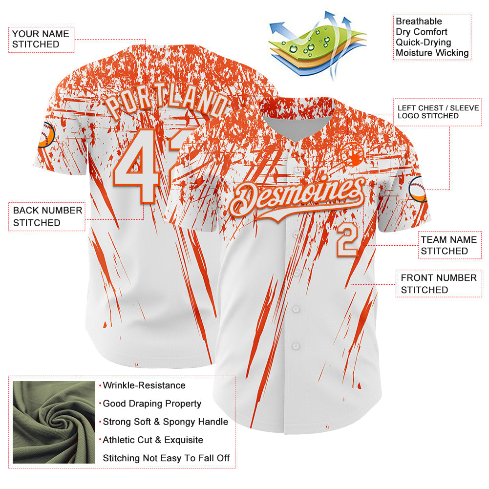 Custom White Orange Distressed Scratch Brush Stroke Authentic Baseball Jersey view 3