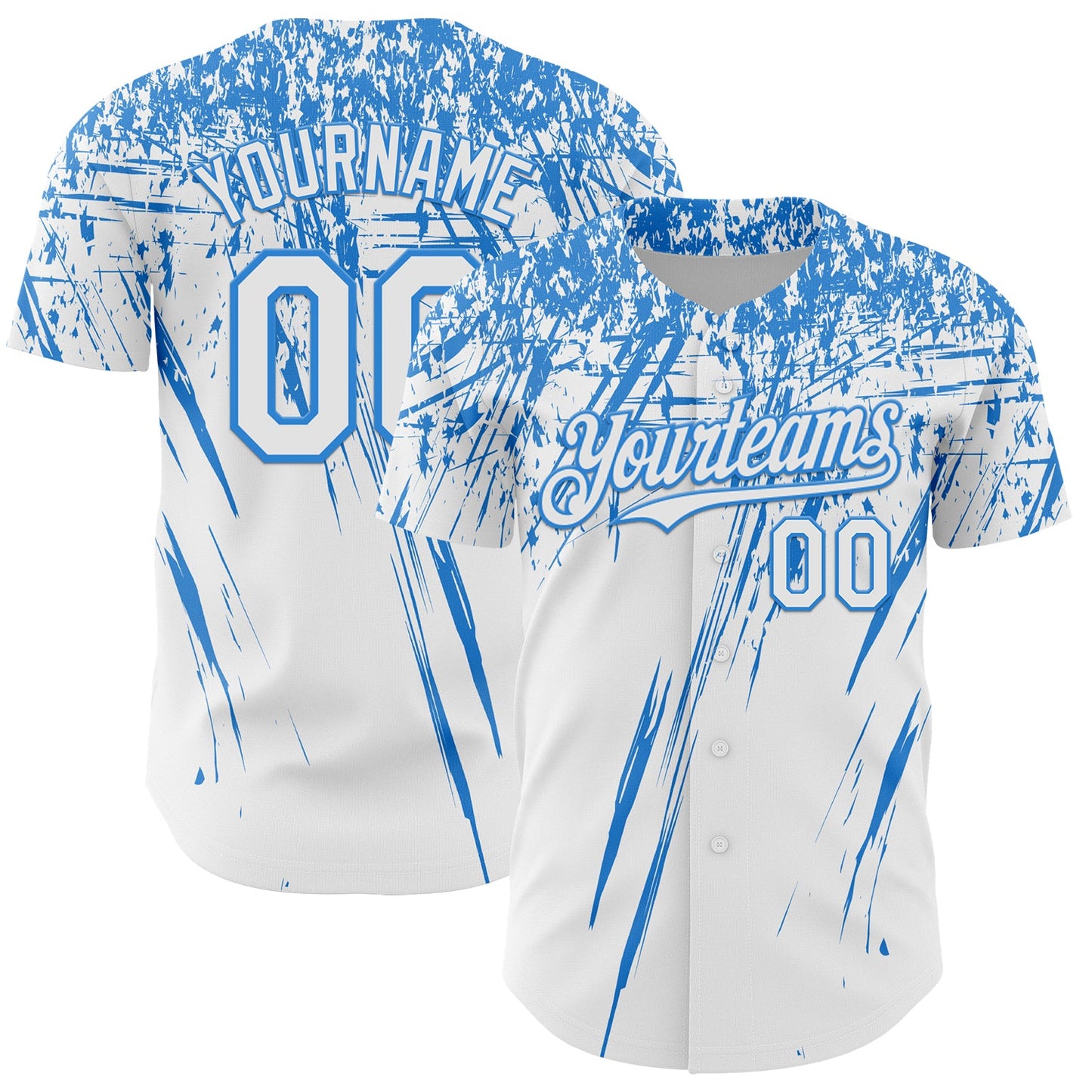 Custom White Electric Blue Distressed Scratch Brush Stroke Authentic Baseball Jersey - Main View