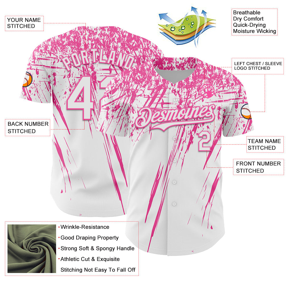 Custom White Pink Distressed Scratch Brush Stroke Authentic Baseball Jersey view 3
