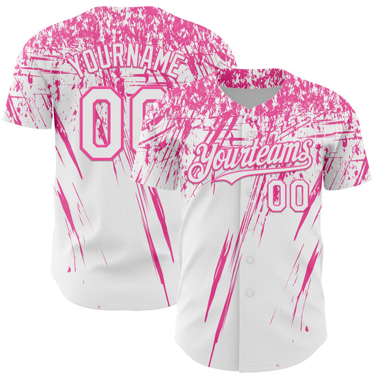 Custom White Pink Distressed Scratch Brush Stroke Authentic Baseball Jersey - Main View
