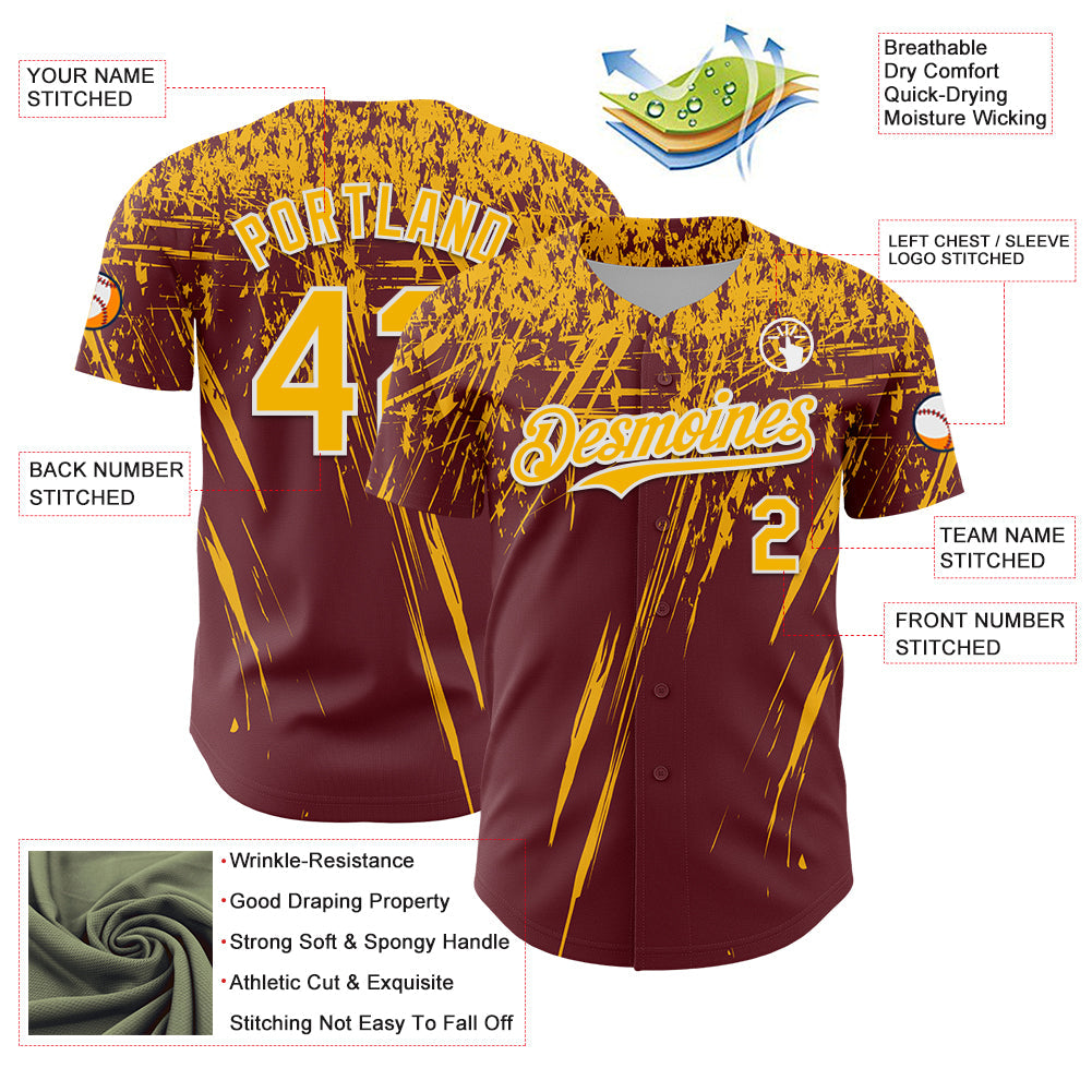 Custom Burgundy Gold-White Distressed Scratch Brush Stroke Authentic Baseball Jersey view 3