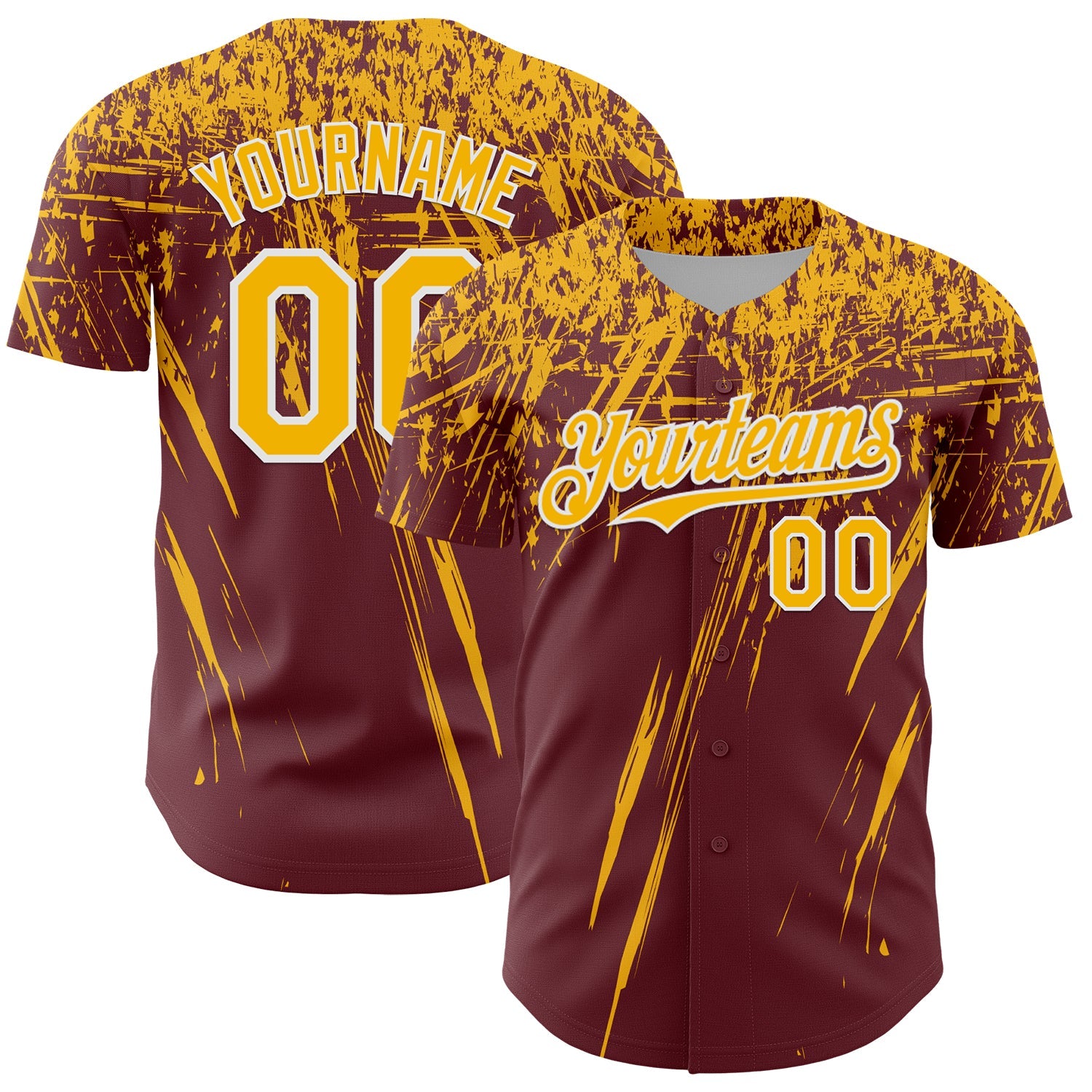 Custom Burgundy Gold-White Distressed Scratch Brush Stroke Authentic Baseball Jersey - Main View