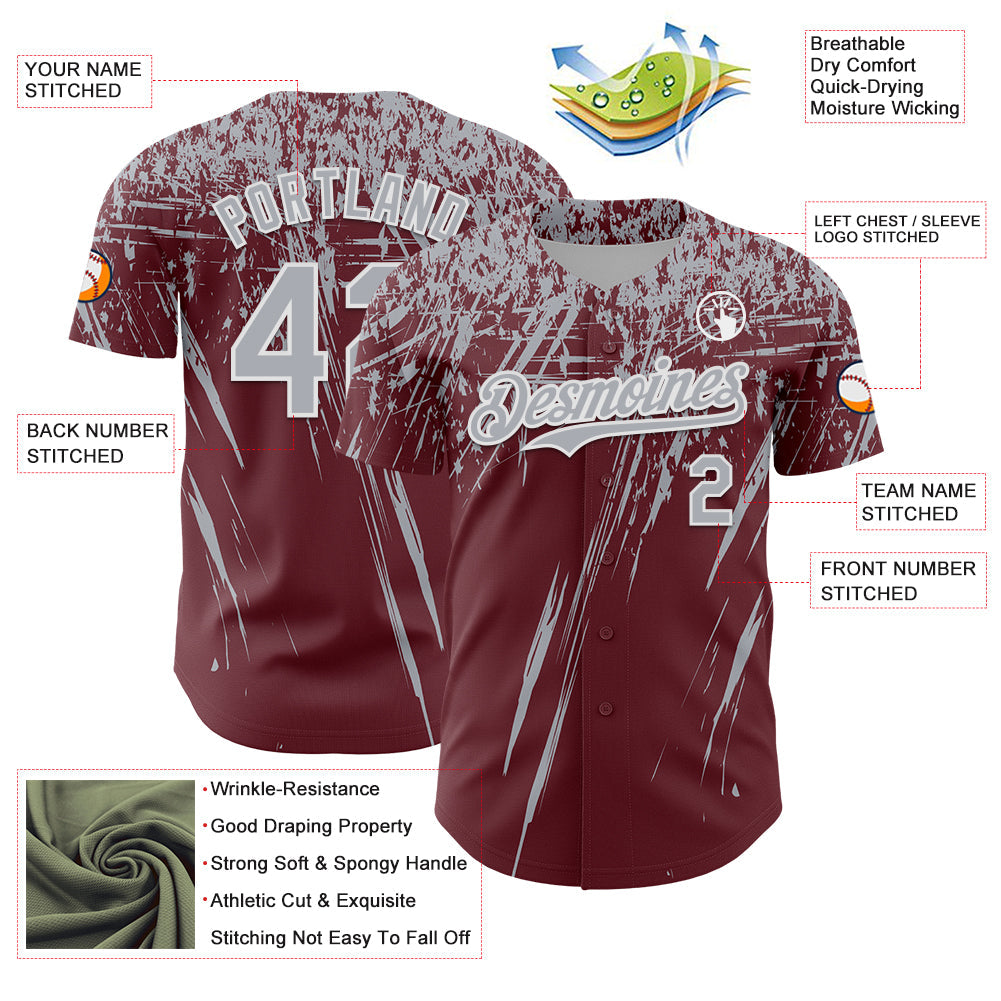 Custom Burgundy Gray-White Distressed Scratch Brush Stroke Authentic Baseball Jersey view 3