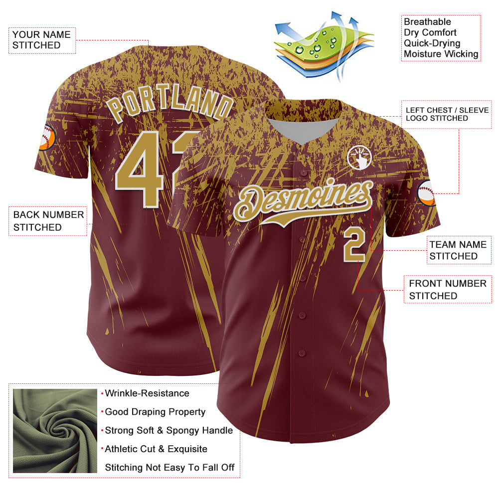 Custom Burgundy Old Gold-White Distressed Scratch Brush Stroke Authentic Baseball Jersey view 3
