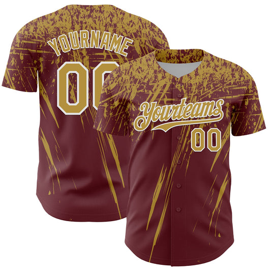 Custom Burgundy Old Gold-White Distressed Scratch Brush Stroke Authentic Baseball Jersey - Main View