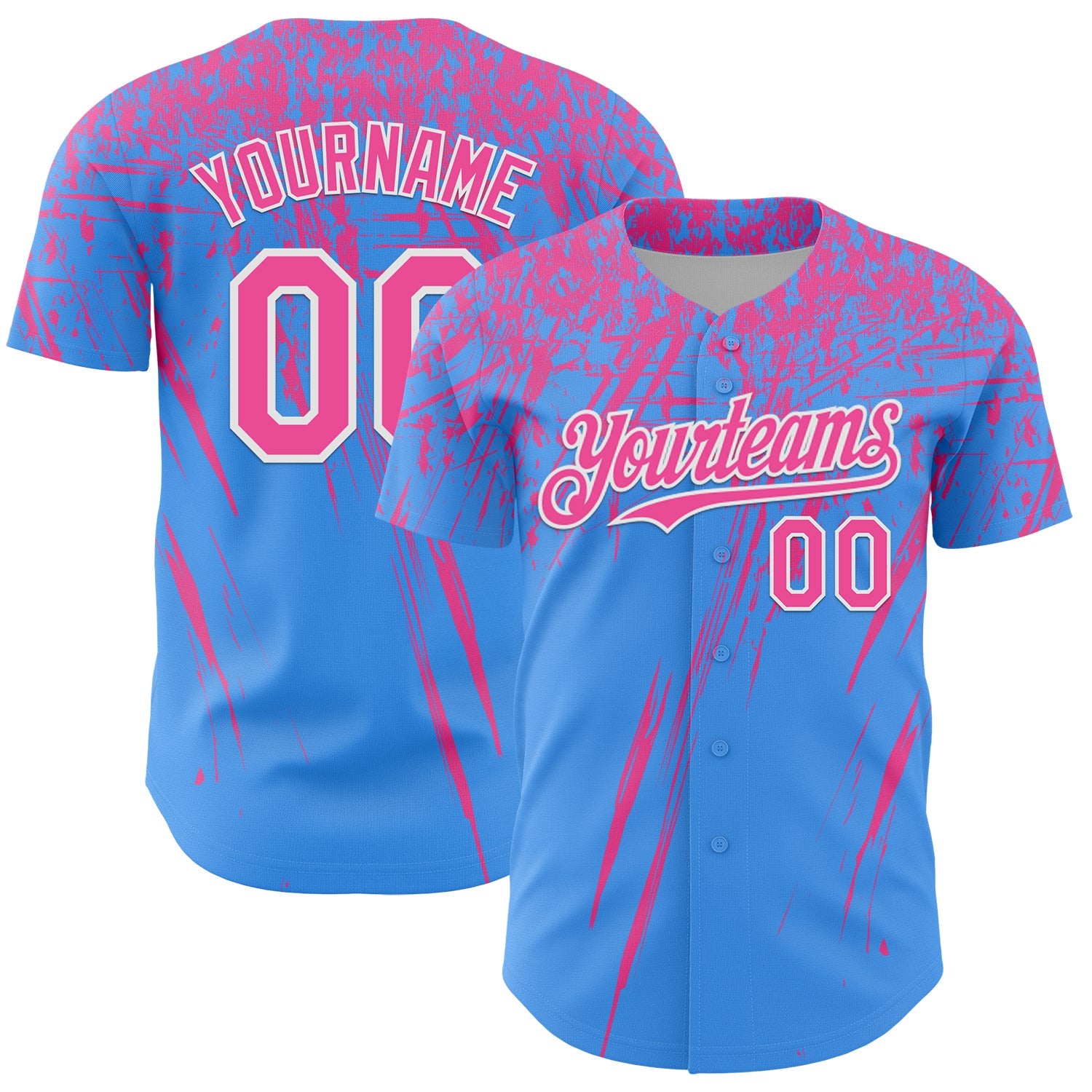 Custom Electric Blue Pink-White Distressed Scratch Brush Stroke Authentic Baseball Jersey - Main View
