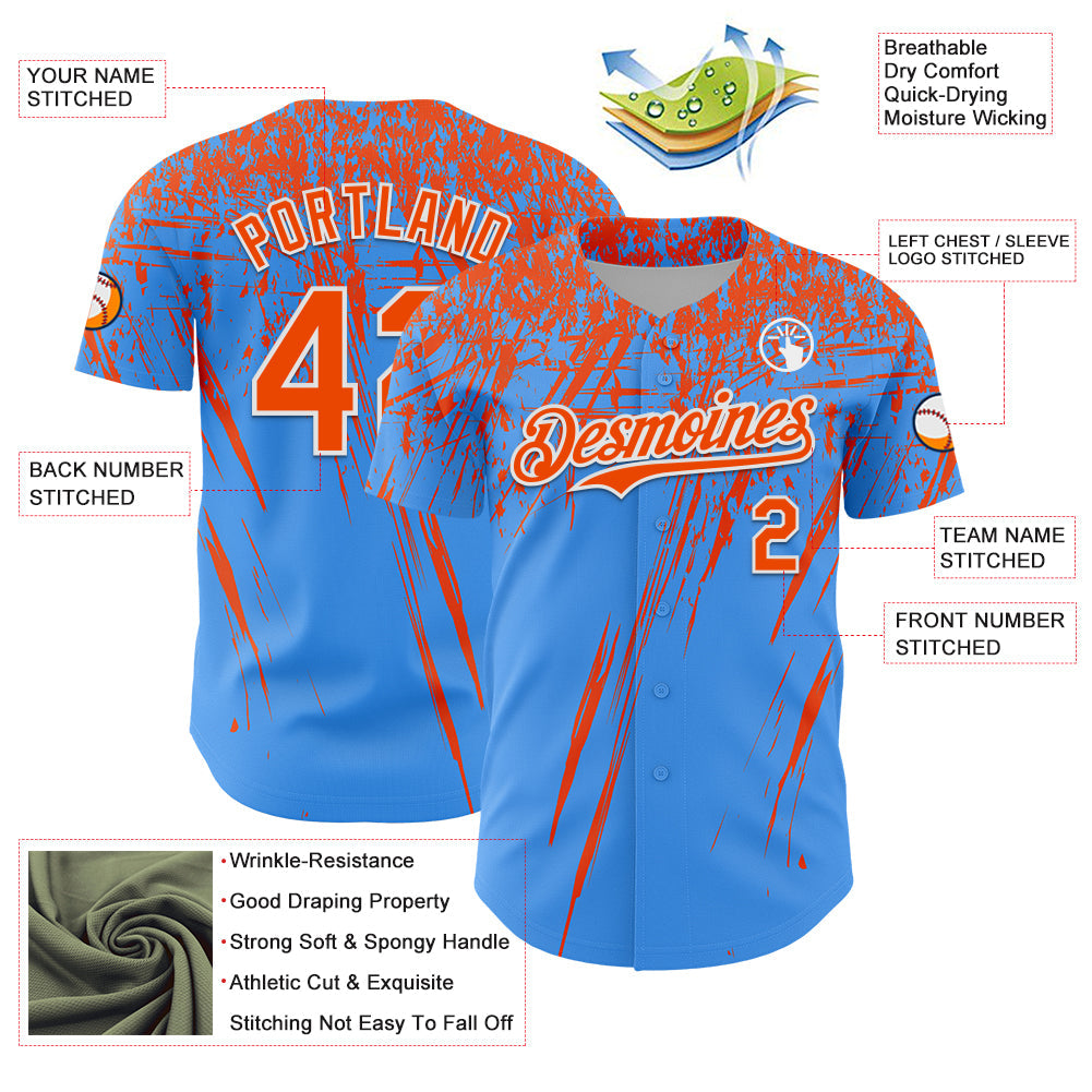 Custom Electric Blue Orange-White Distressed Scratch Brush Stroke Authentic Baseball Jersey view 3