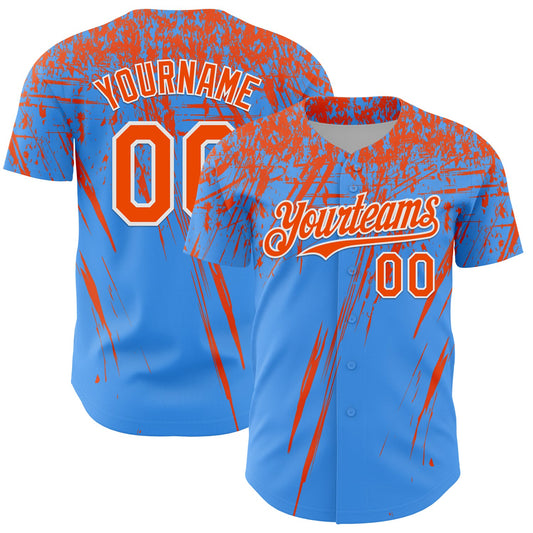 Custom Electric Blue Orange-White Distressed Scratch Brush Stroke Authentic Baseball Jersey - Main View