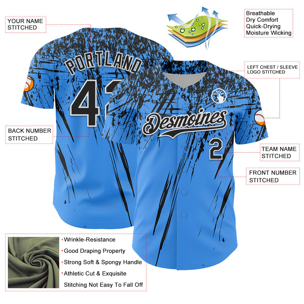 Custom Electric Blue Black-White Distressed Scratch Brush Stroke Authentic Baseball Jersey view 3
