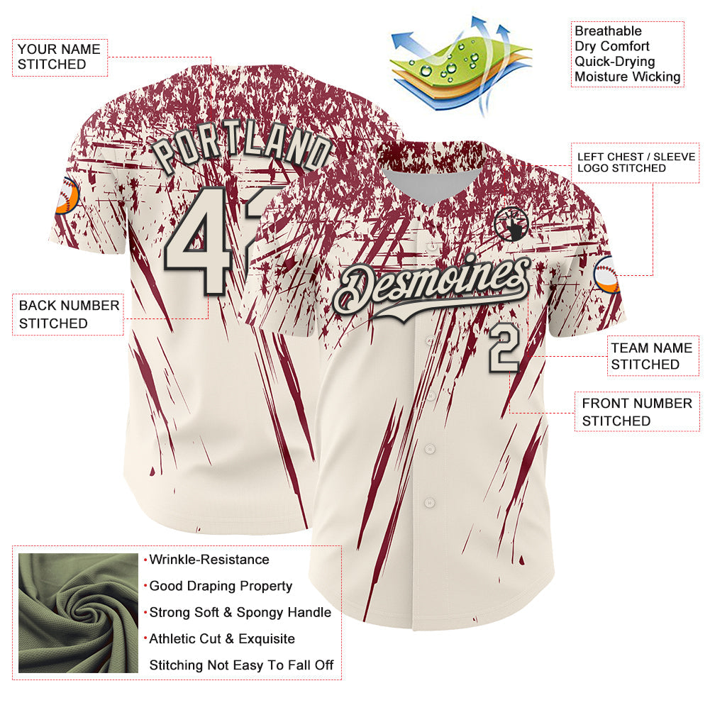 Custom Cream Crimson-Black Distressed Scratch Brush Stroke Authentic Baseball Jersey view 3