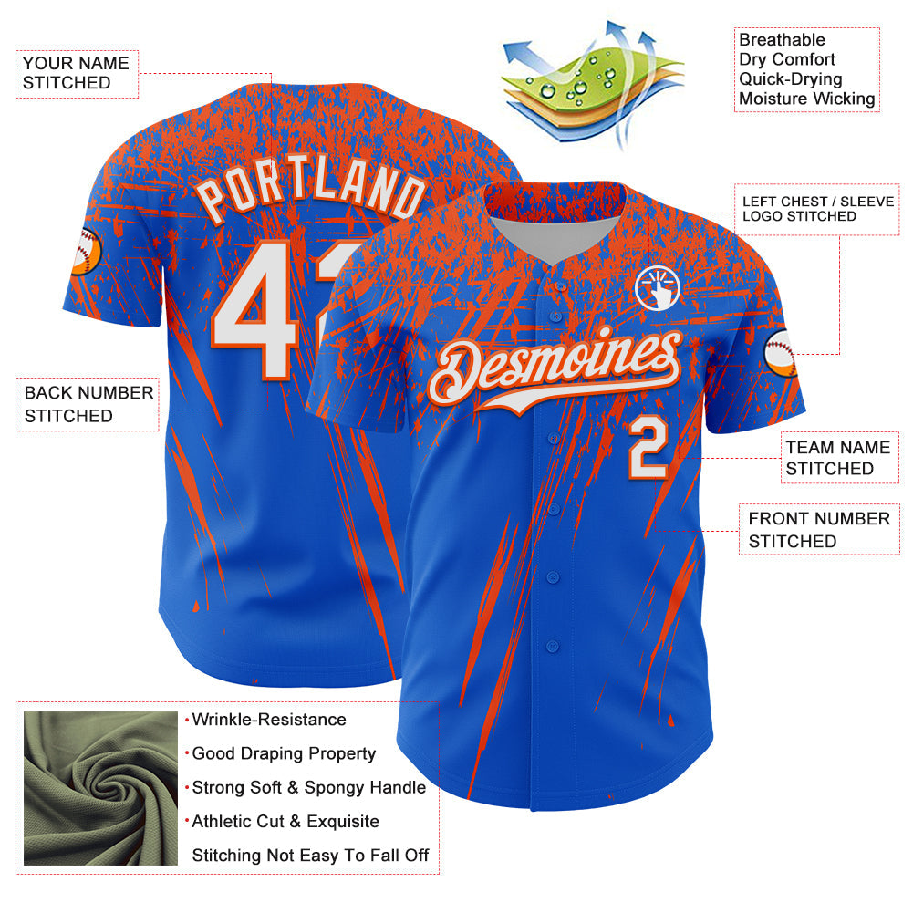 Custom Thunder Blue White-Orange Distressed Scratch Brush Stroke Authentic Baseball Jersey view 3